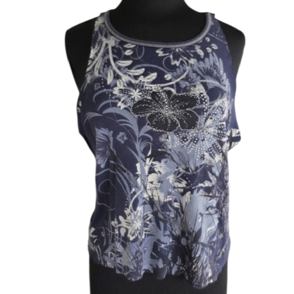 Vintage Y2K Custom Cut Tank L Bleu Floral Embellished Women's Top 2000s